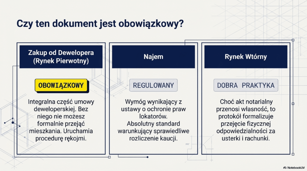 Oto propozycja tekstu alternatywnego dla grafiki:

Infografika pod tytułem „Czy ten dokument jest obowiązkowy?” przedstawia informacje na temat konieczności sporządzania dokumentu (najprawdopodobniej protokołu zdawczo-odbiorczego) w trzech sytuacjach rynkowych. Treść podzielona jest na trzy kolumny:

    Zakup od Dewelopera (Rynek Pierwotny): Dokument oznaczony jako OBOWIĄZKOWY na żółtym tle. Opis wyjaśnia, że jest to integralna część umowy deweloperskiej, bez której nie można formalnie przejąć mieszkania, oraz że uruchamia procedurę rękojmi.

    Najem: Dokument oznaczony jako REGULOWANY. Tekst informuje, że jest to wymóg wynikający z ustawy o ochronie praw lokatorów oraz absolutny standard warunkujący sprawiedliwe rozliczenie kaucji.

    Rynek Wtórny: Dokument określony jako DOBRA PRAKTYKA. Wyjaśniono, że choć akt notarialny przenosi własność, to protokół formalizuje przejęcie fizycznej odpowiedzialności za usterki i rachunki.

W tle widoczne są techniczne rysunki schematyczne.