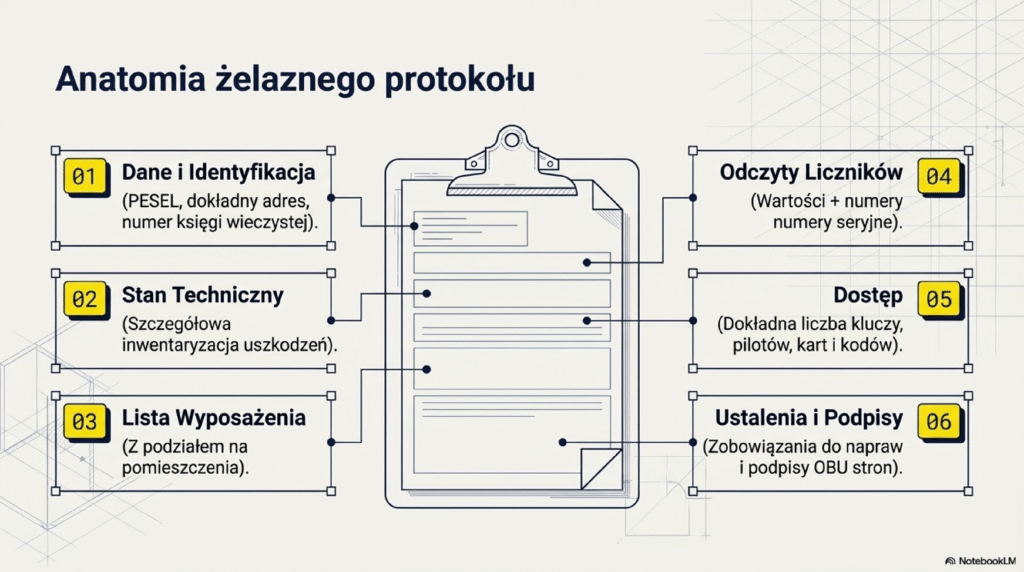 Infografika „Anatomia żelaznego protokołu” przedstawiająca 6 niezbędnych elementów dokumentu: 01. Dane i Identyfikacja (PESEL, adres, nr księgi wieczystej). 02. Stan Techniczny (inwentaryzacja uszkodzeń). 03. Lista Wyposażenia (z podziałem na pomieszczenia). 04. Odczyty Liczników (wartości i numery seryjne). 05. Dostęp (liczba kluczy, pilotów i kodów). 06. Ustalenia i Podpisy (zobowiązania do napraw i podpisy obu stron).