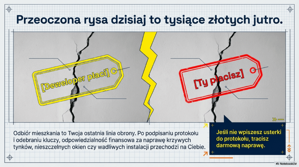 Infografika dotycząca odbioru mieszkania od dewelopera. Przedstawia pękniętą ścianę z dwiema etykietami: „Deweloper płaci” oraz „Ty płacisz”. Główny napis głosi: „Przeoczona rysa dzisiaj to tysiące złotych jutro”. Tekst ostrzega, że po podpisaniu protokołu bez uwag odpowiedzialność finansowa za naprawy przechodzi na nabywcę.