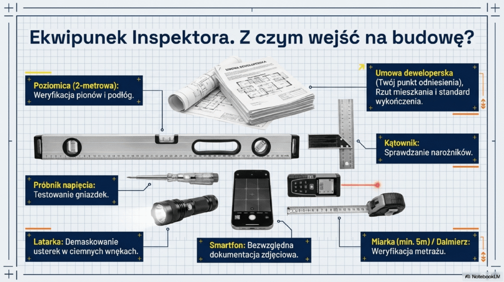 Infografika „Ekwipunek Inspektora”, przedstawiająca narzędzia niezbędne do odbioru mieszkania. Na liście znajdują się: poziomica (do pionów i podłóg), próbnik napięcia (do gniazdek), latarka (do wnęk), smartfon (do zdjęć), miarka i dalmierz (do metrażu), kątownik (do narożników) oraz umowa deweloperska z rzutem mieszkania jako punkt odniesienia.
