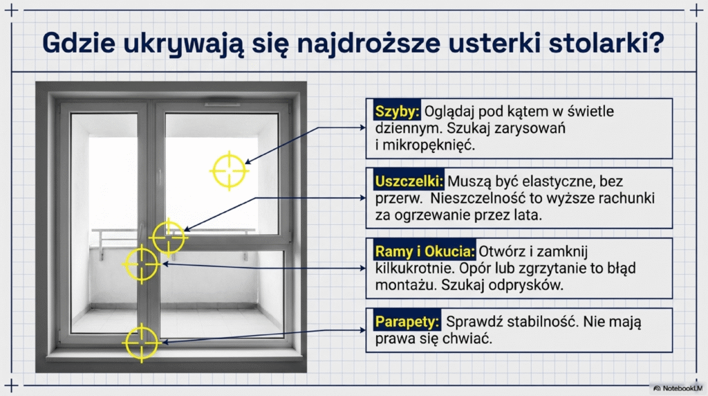 Infografika „Gdzie ukrywają się najdroższe usterki stolarki?”, pokazująca kluczowe elementy okna do sprawdzenia podczas odbioru mieszkania. Wskazuje na kontrolę szyb (rysy), uszczelek (szczelność), ram i okuć (płynność działania) oraz stabilność parapetów.