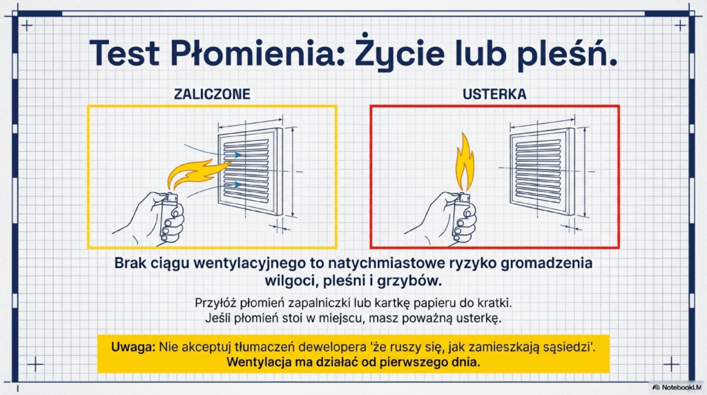 Infografika „Test Płomienia” instruująca, jak sprawdzić wentylację podczas odbioru mieszkania. Porównuje poprawny ciąg (płomień zassany do kratki) z usterką (płomień stojący pionowo). Tekst ostrzega, że brak wentylacji to ryzyko pleśni i grzybów, oraz podkreśla, że system musi działać od pierwszego dnia