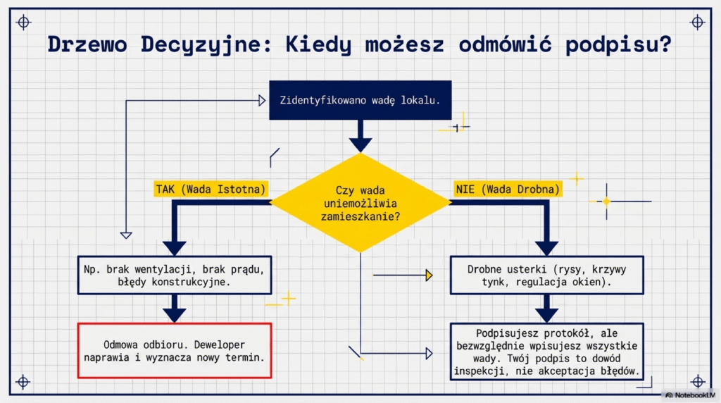 Infografika ostrzegająca przed finansowymi skutkami niedopatrzeń podczas odbioru mieszkania. Przedstawia pękniętą ścianę z podziałem na to, kiedy za naprawę płaci deweloper (przed podpisaniem protokołu), a kiedy nabywca (po odbiorze kluczy). Podkreśla, że protokół to "ostatnia linia obrony" kupującego.