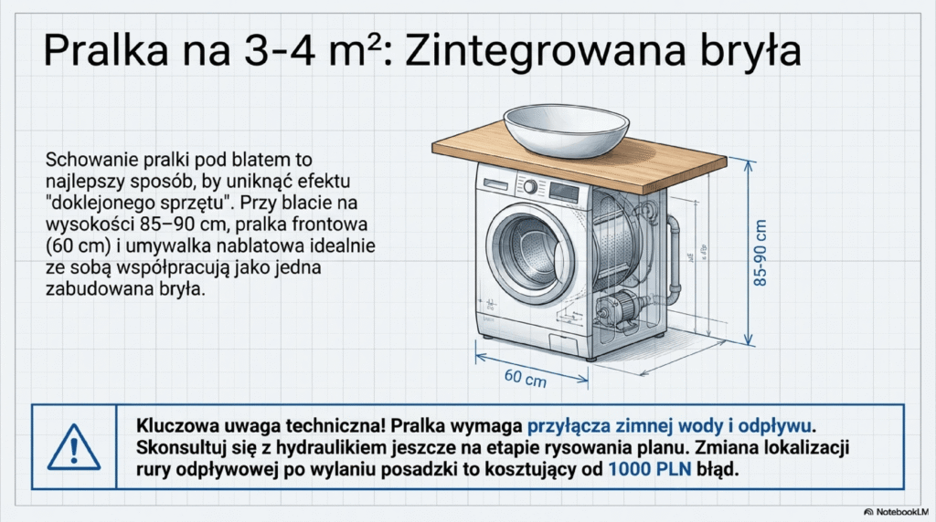 Pralka zintegrowana w meblach łazienkowych.