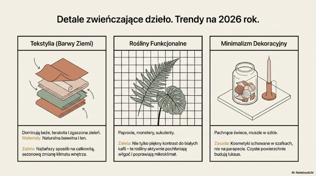 Tekstylia, rośliny i dekoracje – tanie wykończenie całości łazienki