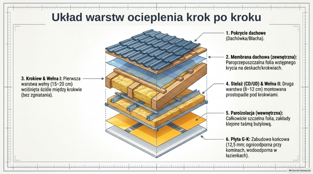 Przekrój warstw ocieplenia poddasza – pokrycie dachowe, membrana, wełna, stelaż, paroizolacja i płyta g-k